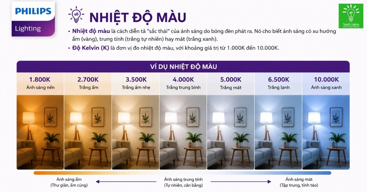 Bảng so sánh nhiệt độ màu đèn Philips Lighting từ 1800K ánh sáng nến đến 10000K ánh sáng xanh